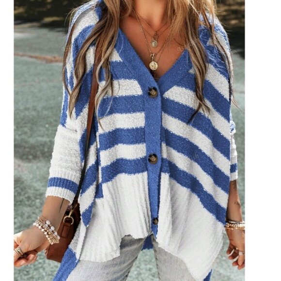 Cozy Color block Striped Button Down Oversized High Low Cardigan - Picture 1 of 6